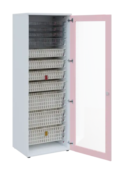 EUROMEDICA S - 66 skříň léková boxová, 1-dveřová/prosklená, pravá, 1950x660x535, korpus bílý, dvířka pastelově růžová